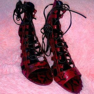 Snakeskin print lace up sandal